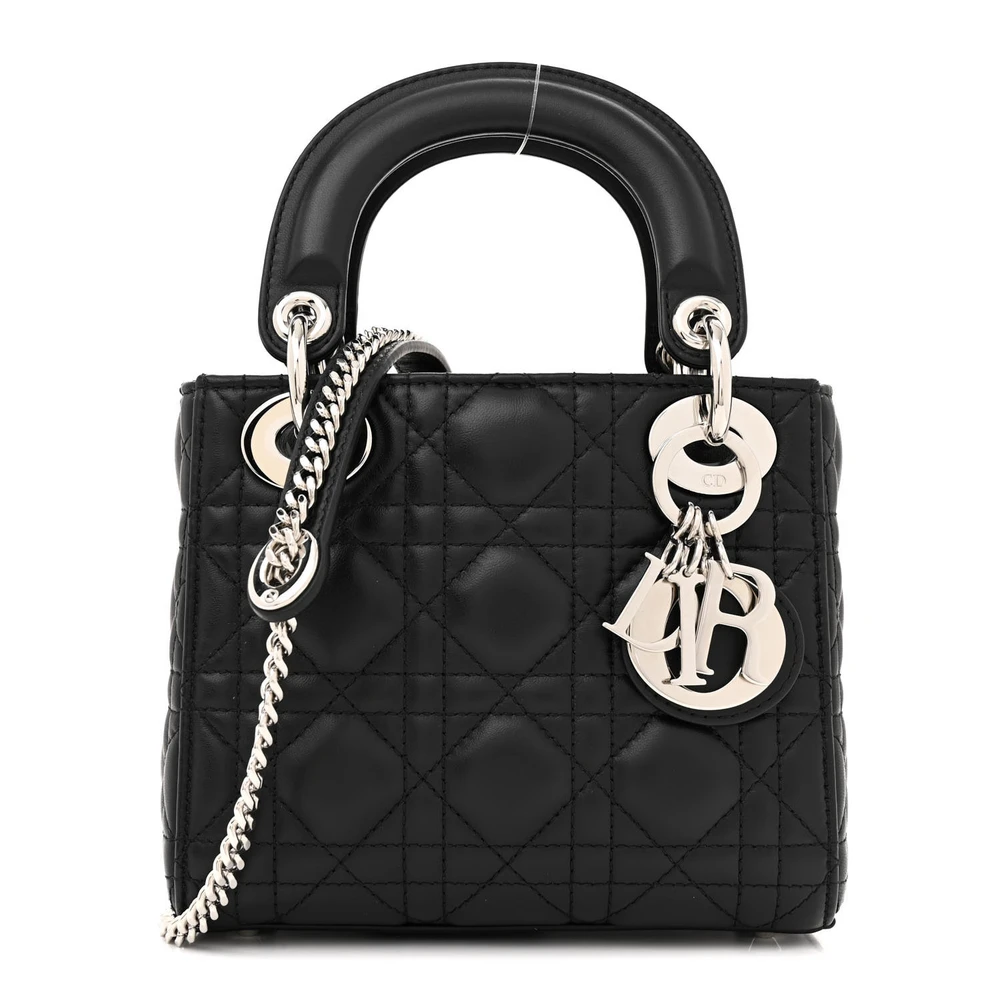 Dior Black Cannage Lambskin Leather Mini Lady Dior Silver Hardware Front Replica handbags