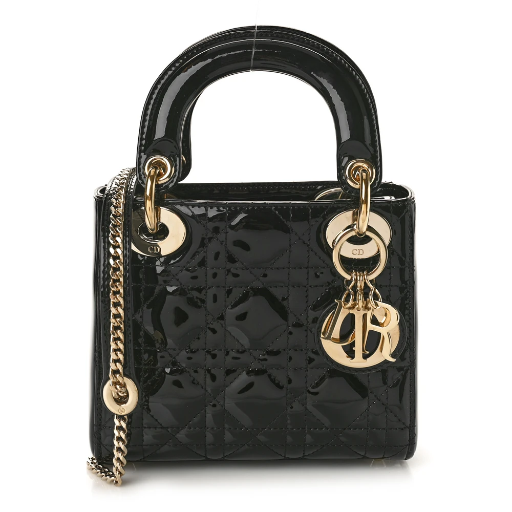 Dior Black Patent Cannage Calfskin Leather Mini Lady Dior Gold Hardware Front Replica handbags