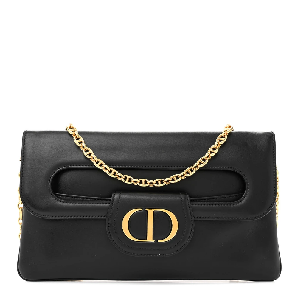 Dior Black Smooth Calfskin Leather Medium DiorDouble Chain Bag Gold Hardware Front Replica handbags