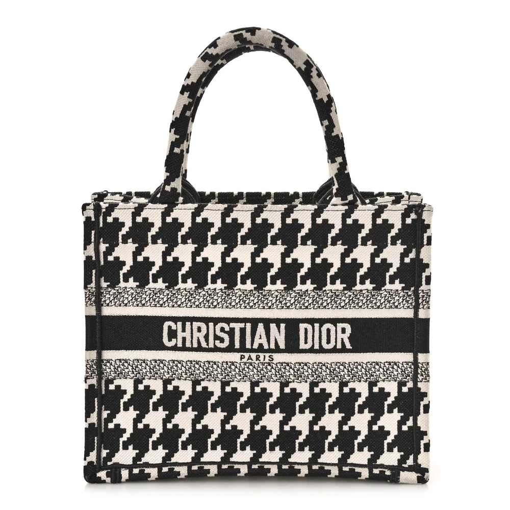 Dior Black_White Houndstooth Embroidered Canvas Small Book Tote Front Replica handbags