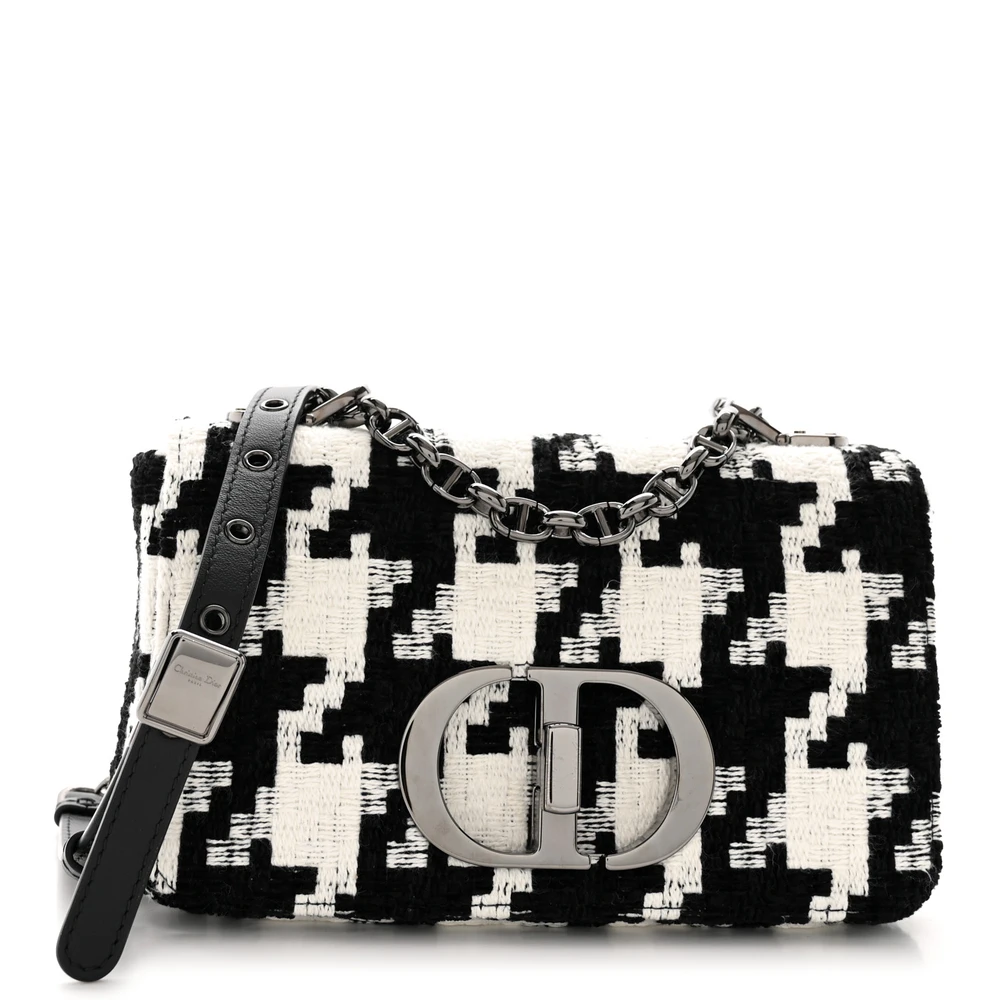 Dior Black_White Tweed Macro Houndstooth Small Caro Bag Silver Hardware Front Replica handbags