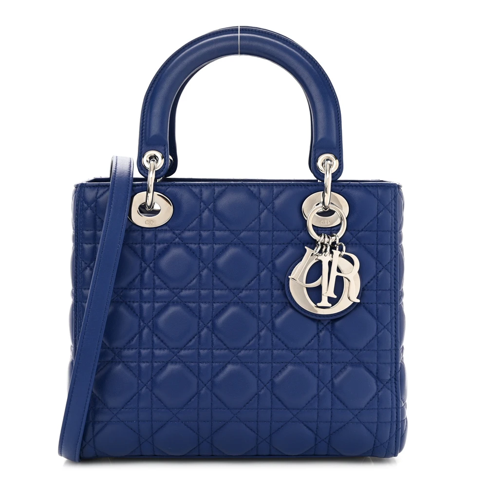 Dior Blue Cannage Lambskin Leather Medium Lady Dior Silver Hardware Front Replica handbags