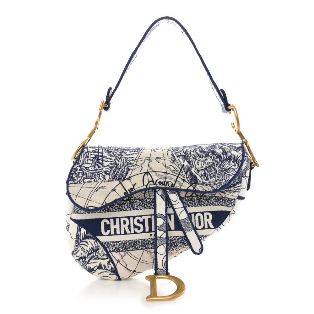 Dior Blue Embroidered Canvas Around the World Medium Saddle Bag Brass Hardware Front Replica handbags