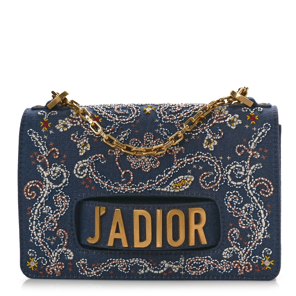 Dior Blue Multicolor Denim & Bead Embroidery Medium J_Adior Chain Flap Bag Gold Hardware Front Replica handbags