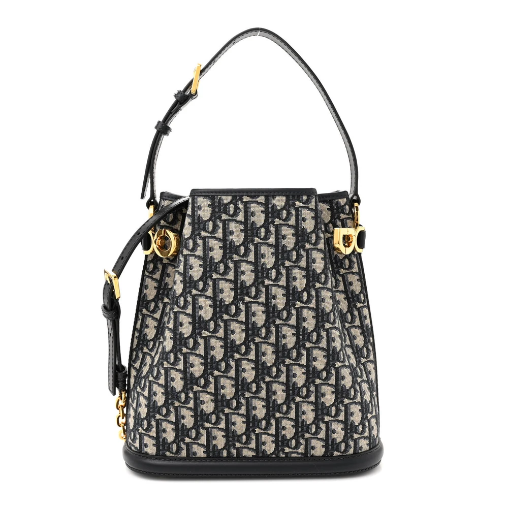 Dior Blue Oblique Canvas & Cannage Calfskin Leather Medium C_est Dior Bucket Bag Gold Hardware Front Replica handbags