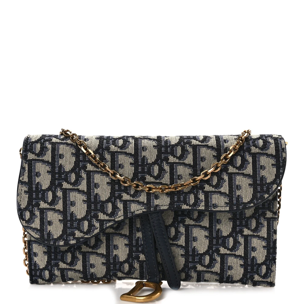 Dior Blue Oblique Canvas Mini Saddle Chain Long Wallet Gold Hardware Front Replica handbags