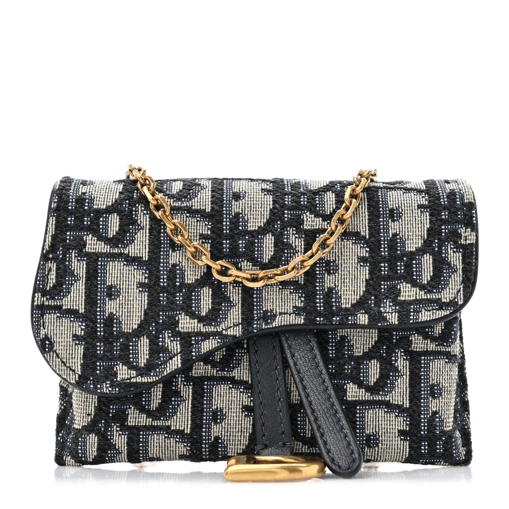 Dior Blue Oblique Canvas Nano Saddle Chain Pouch Gold Hardware Front Replica handbags
