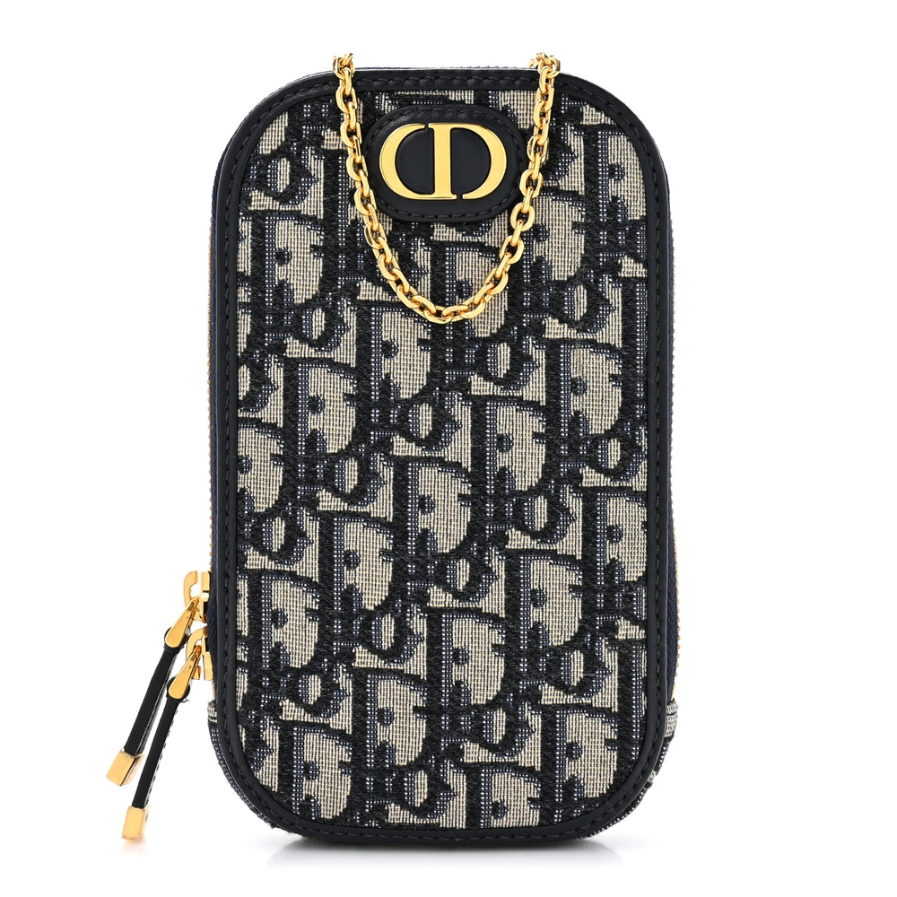 Dior Blue Oblique Canvas Small Montaigne 30 Phone Holder With Chain Front Replica handbags