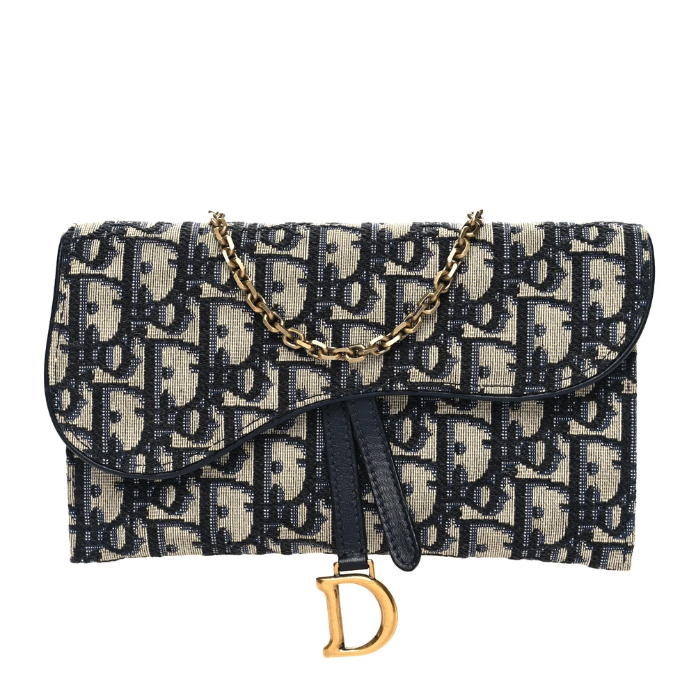 Dior Blue Oblique Canvas Small Saddle Long Wallet With Chain Brass Hardware Front Replica handbags