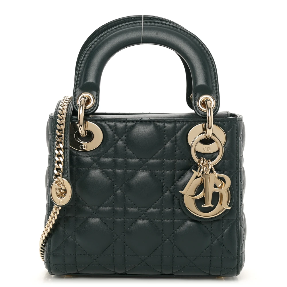 Dior Dark Green Cannage Lambskin Leather Mini Lady Dior Light Gold Hardware Front Replica handbags
