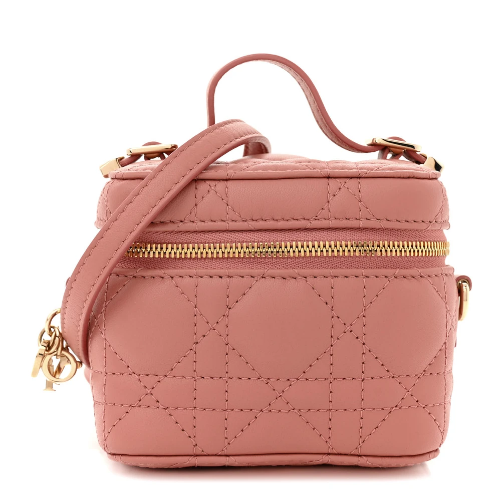 Dior Deep Nude Cannage Lambskin Leather Micro Vanity Case Gold Hardware Front Replica handbags