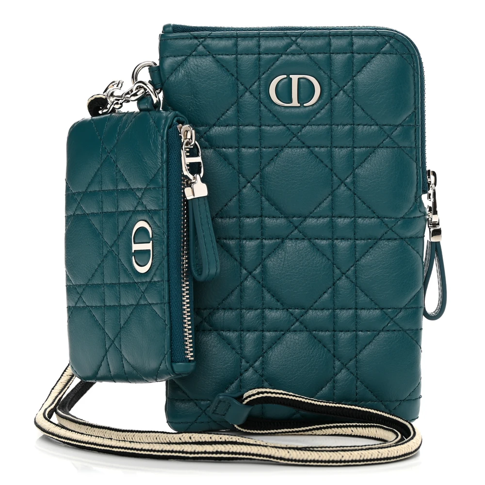 Dior Deep Ocean Supple Cannage Calfskin Leather Small Caro Multifunctional Pouch Silver Hardware Front Replica handbags