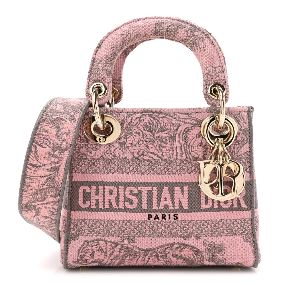 Dior Gray_Pink Embroidered Canvas Mini Toile De Jouy Lady D-Lite Gold Hardware Front Replica handbags