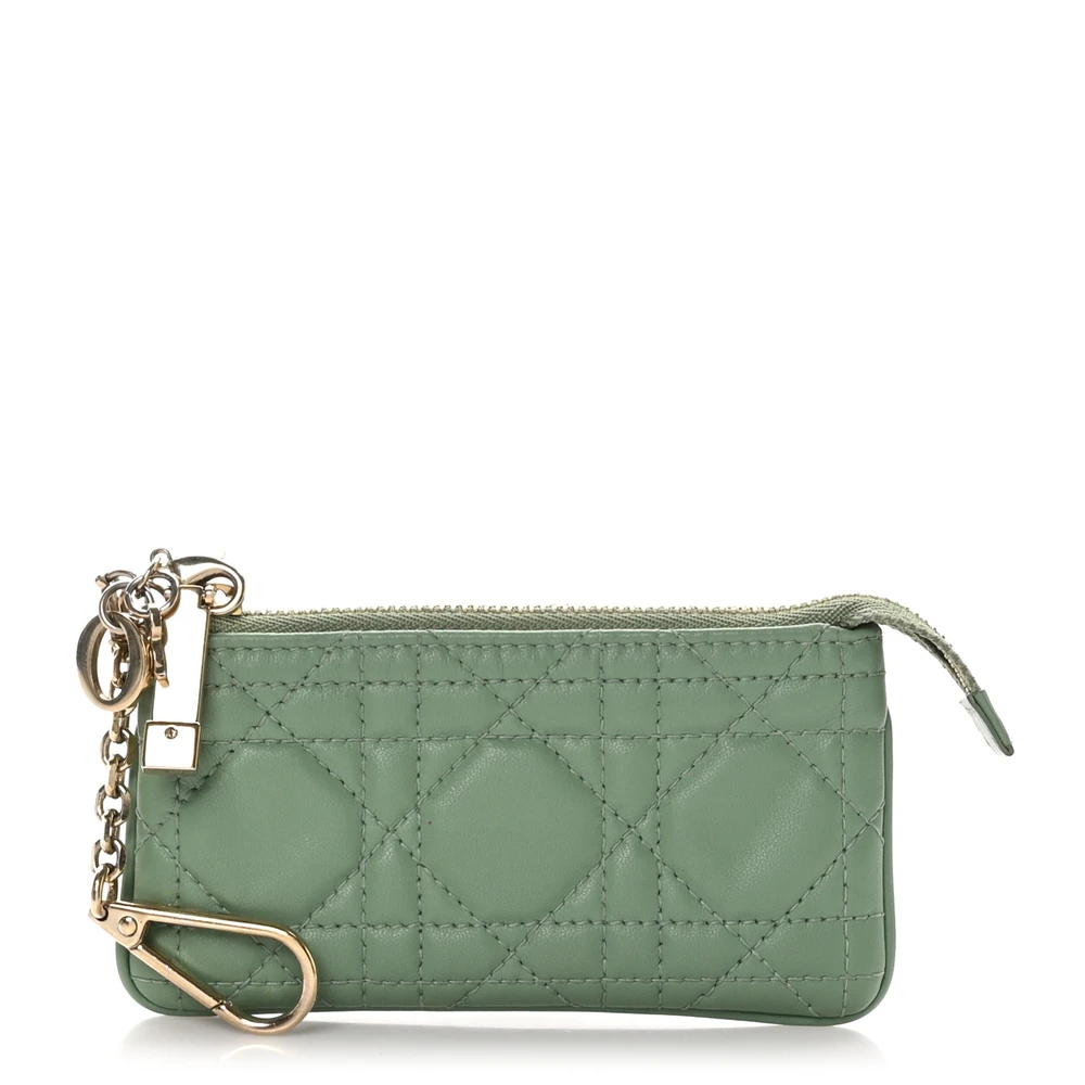 Dior Green Cannage Lambskin Leather Small Lady Dior Zipped Key Case Gold Hardware Front Replica handbags
