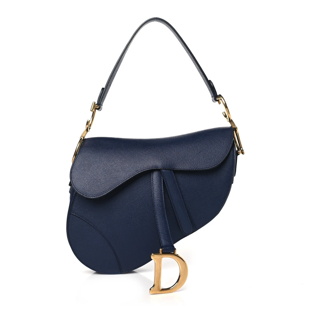 Dior Indigo Blue Grained Calfskin Leather Medium Saddle Bag Gold Hardware Front Replica handbags