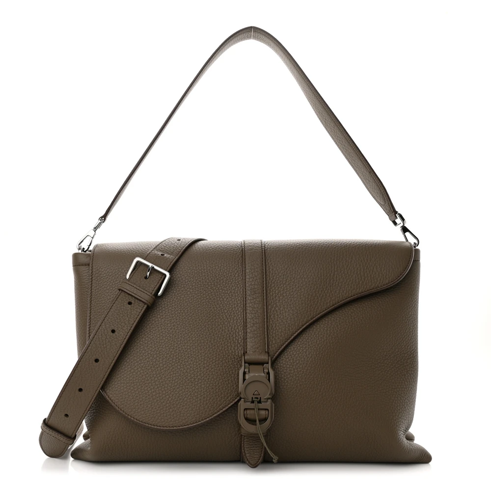 Dior Khaki Grained Calfskin Leather Large Men_s Pillow Bag Silver Hardware Front Replica handbags