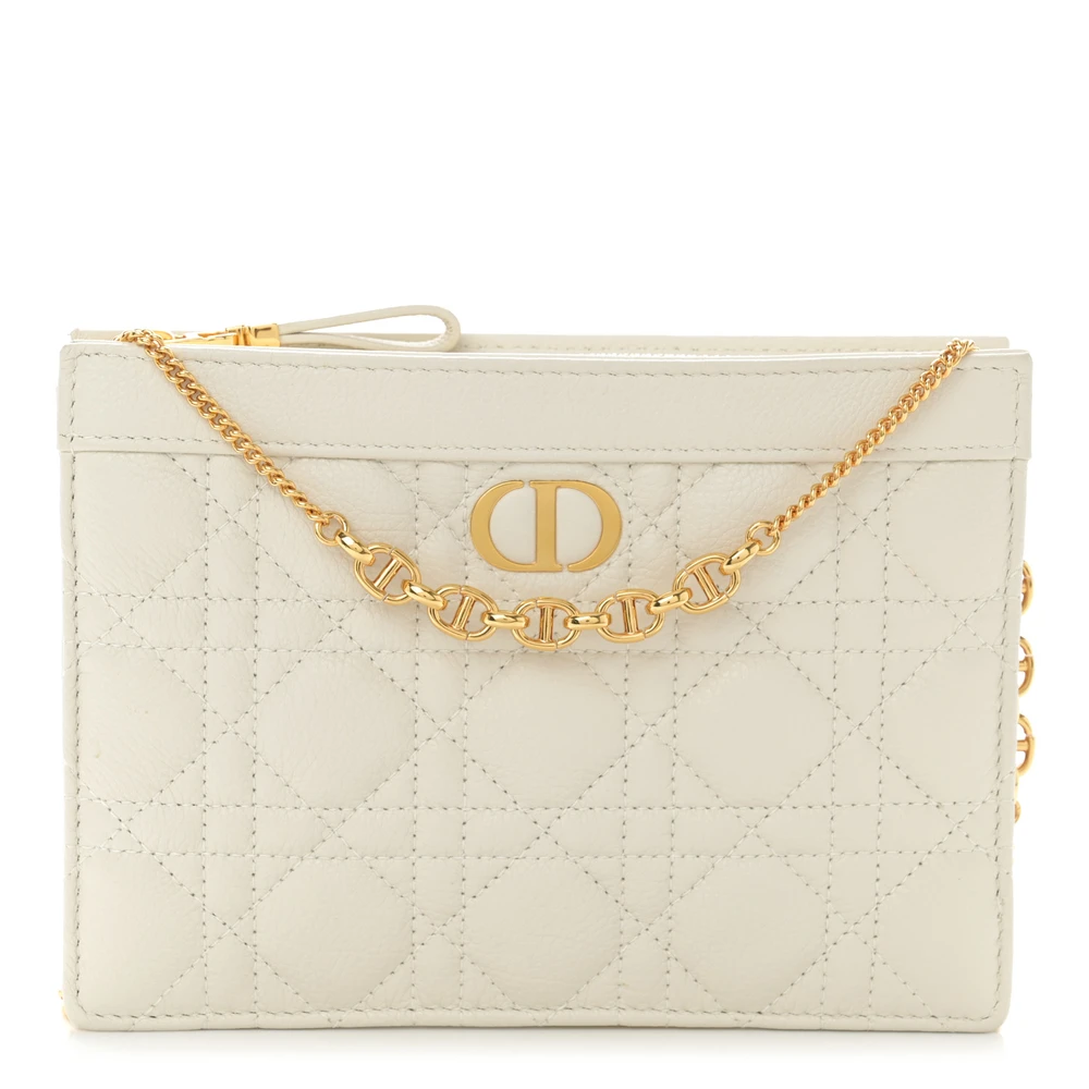Dior Latte Cannage Calfskin Leather Small Caro Zipped Pouch With Chain Gold Hardware Front Replica handbags