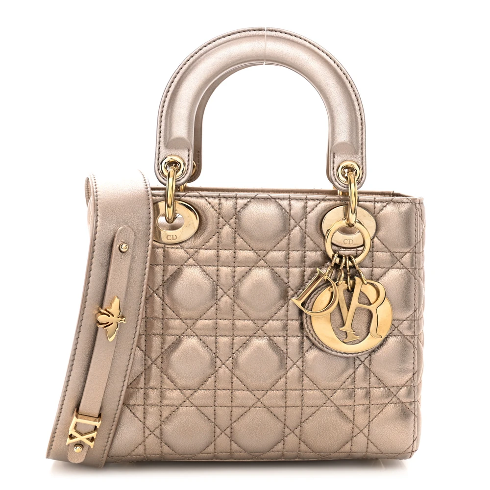 Dior Metallic Gold Cannage Lambskin Leather Small My ABCDior Lady Dior Gold Hardware Front Replica handbags