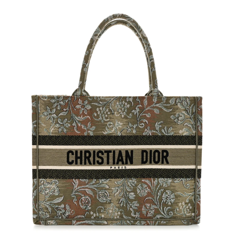 Dior Metallic Green Embroidered Canvas Medium Brocart Book Tote Front Replica handbags