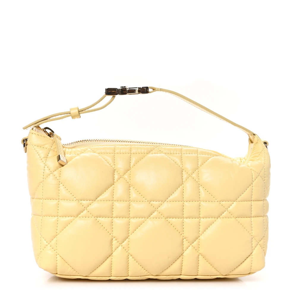 Dior Pale Yellow Macrocannage Calfskin Leather Medium DiorTravel Nomad Pouch Gold Hardware Front Replica handbags