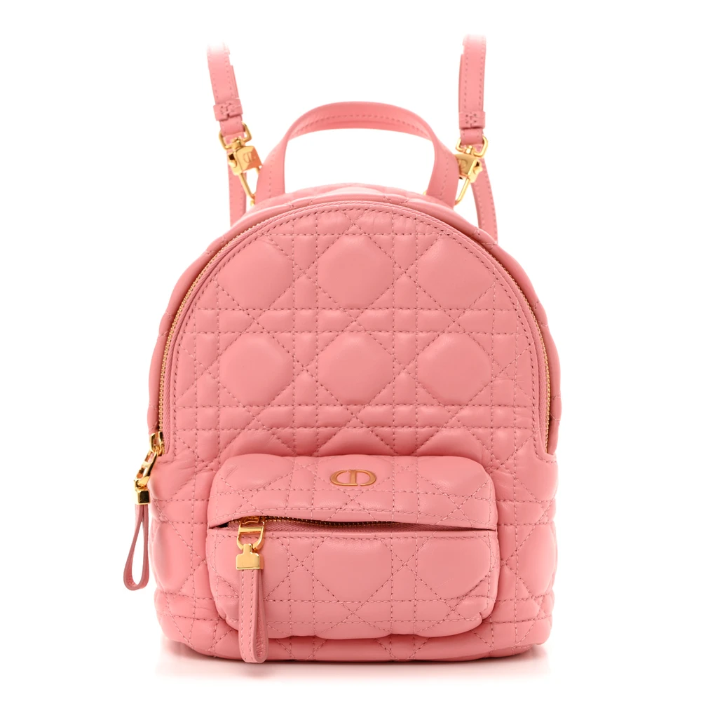 Dior Peach Blossom Cannage Lambskin Leather Mini Backpack Gold Hardware Front Replica handbags