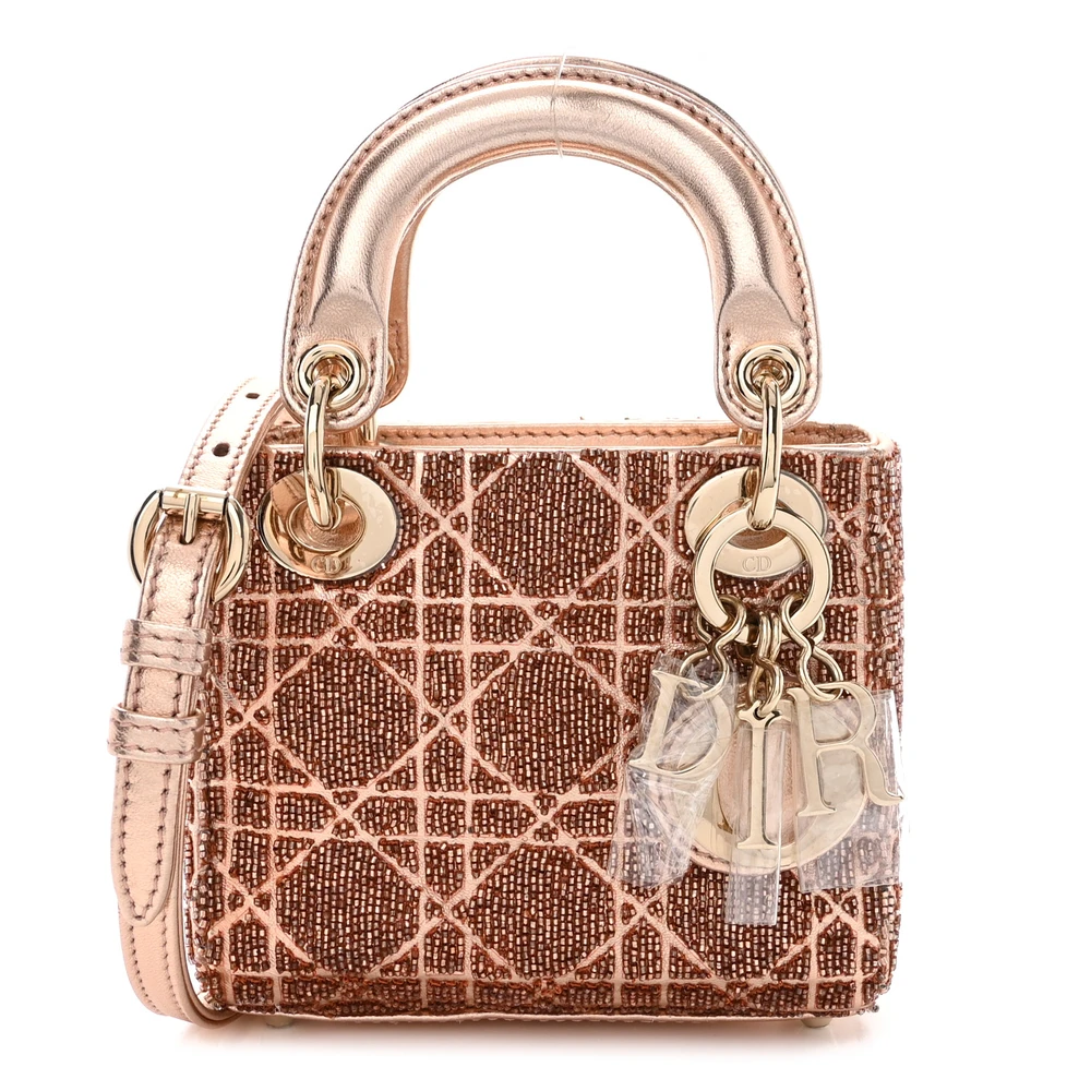 Dior Rose Gold Beaded Embroidery Cannage Lambskin Leather Micro Lady Dior Gold Hardware Front Replica handbags