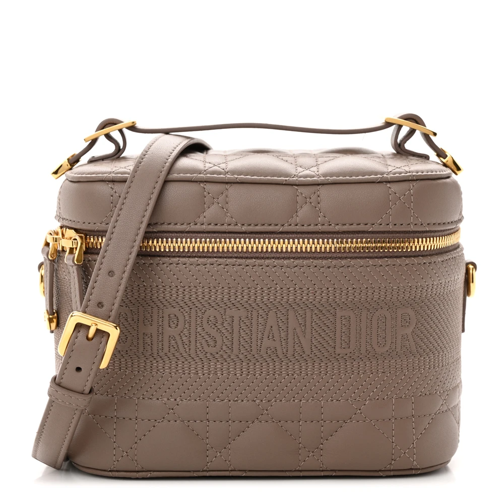Dior Warm Taupe Cannage Lambskin Leather Small DiorTravel Vanity Case Gold Hardware Front Replica handbags