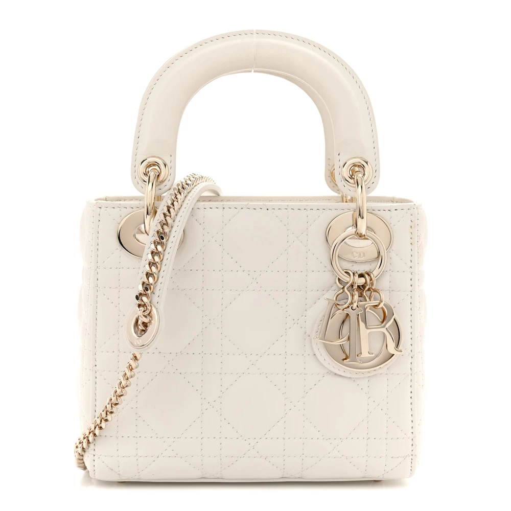 Dior White Cannage Lambskin Leather Mini Lady Dior Gold Hardware Front Replica handbags