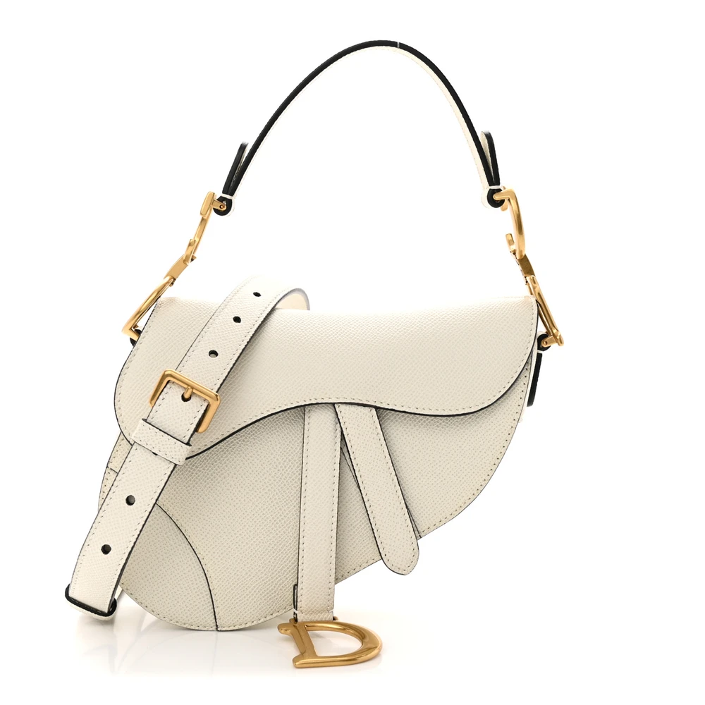 Dior White Grained Calfskin Leather Mini Saddle Bag With Strap Brass Hardware Front Replica handbags