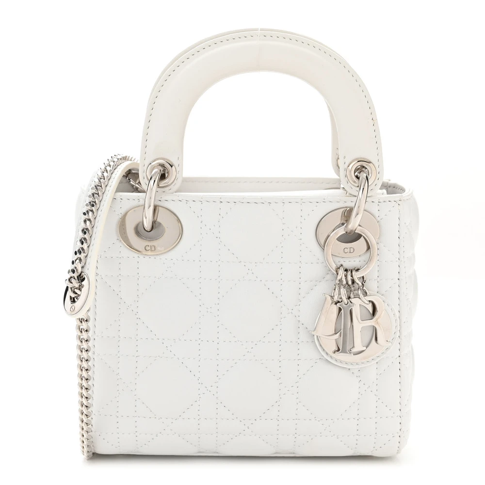 Dior White Lambskin Cannage Leather Mini Lady Dior Silver Hardware Front Replica handbags