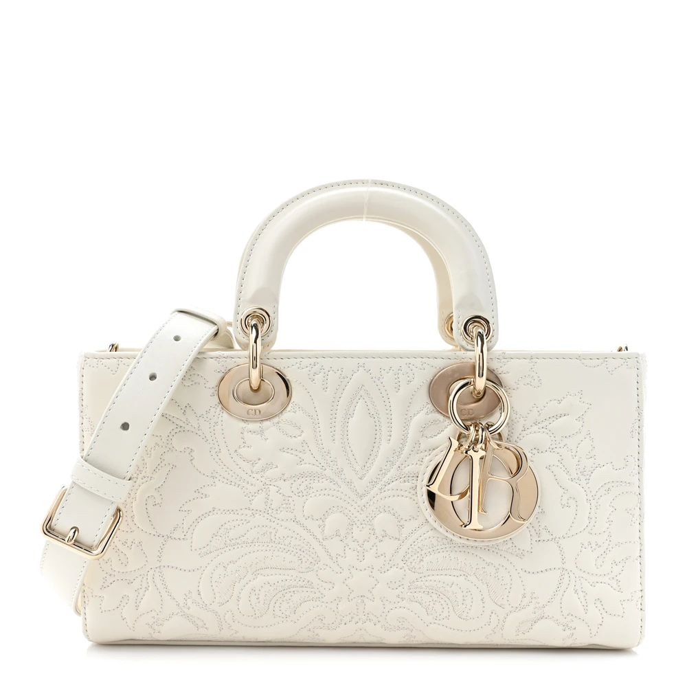 Dior White Ornamental Embroidered Calfskin Leather Medium Lady D-Joy Gold Hardware Front Replica handbags