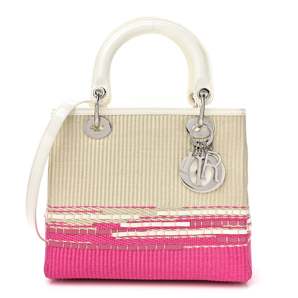 Dior White_Pink Raffia & Nappa Leather Medium Lady Dior Bag Silver Hardware Front Replica handbags