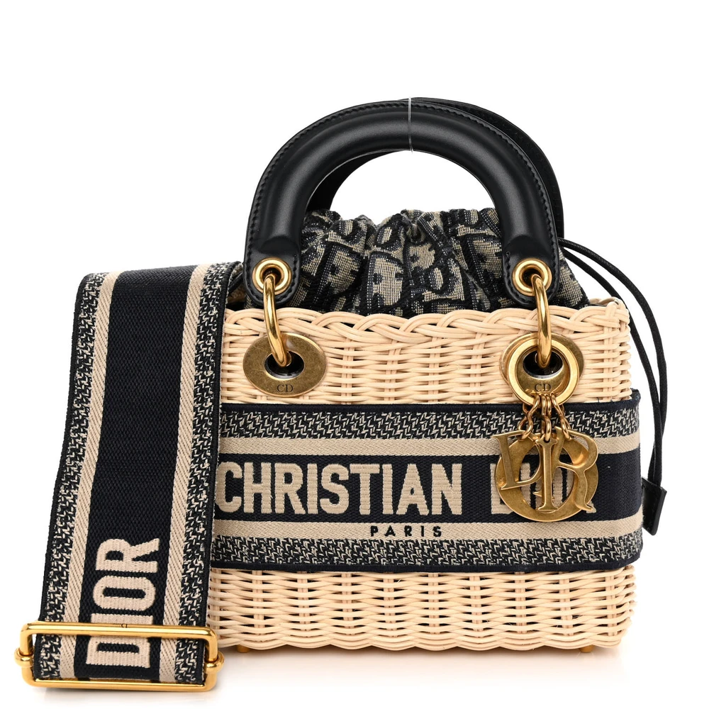 Dior Wicker & Blue Oblique Canvas Mini Lady Dior Gold Hardware Front Replica handbags
