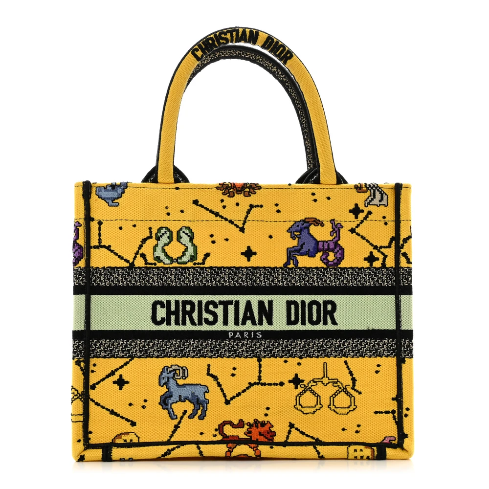 Dior Yellow Multicolor Embroidered Canvas Small Pixel Zodiac Book Tote Front Replica handbags