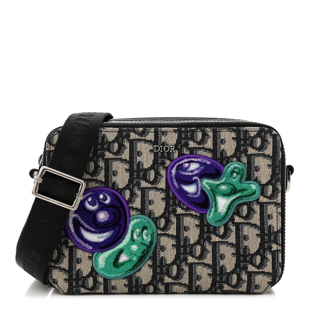 Dior x Kenny Scharf Charcoal Oblique Embroidered Canvas Patches Crossbody Silver Hardware Front Replica handbags