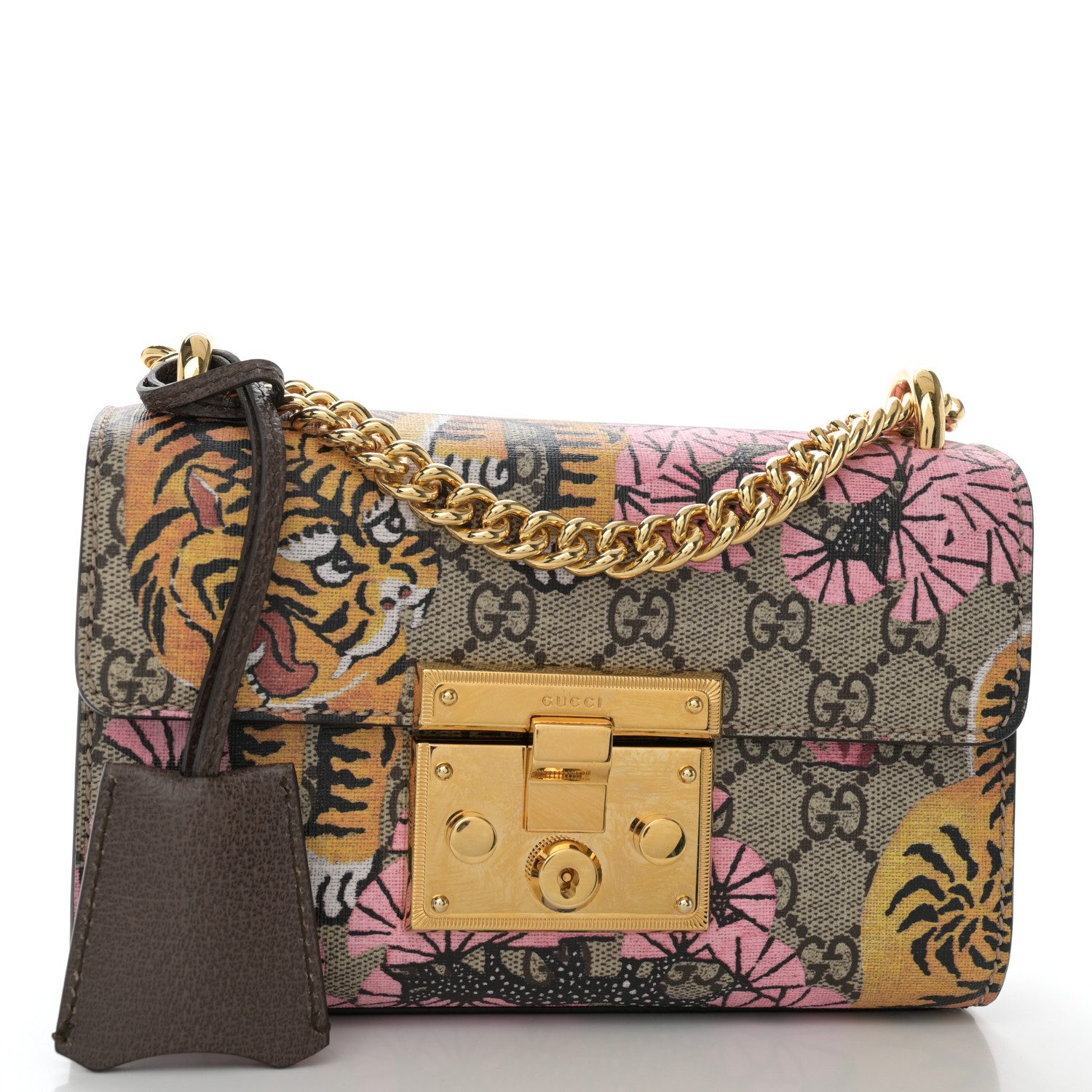 Gucci BeigPink GG Supreme Monogram Canvas Small Bengal Padlock Shoulder Bag Gold Hardware Front replica handbag