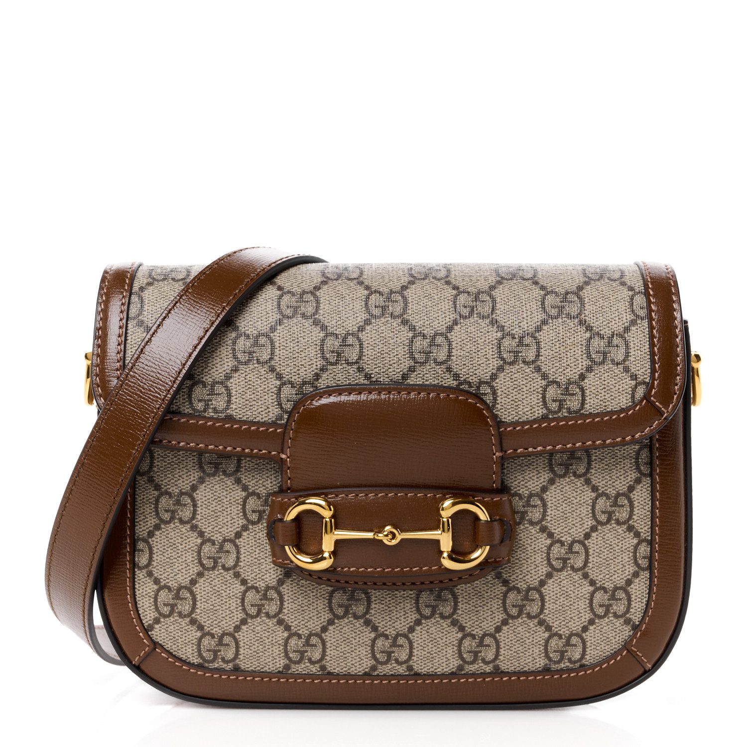 Gucci Beige Brown Sugar GG Supreme Monogram Canvas Mini Horsebit 1955 Shoulder Bag Front replica handbag