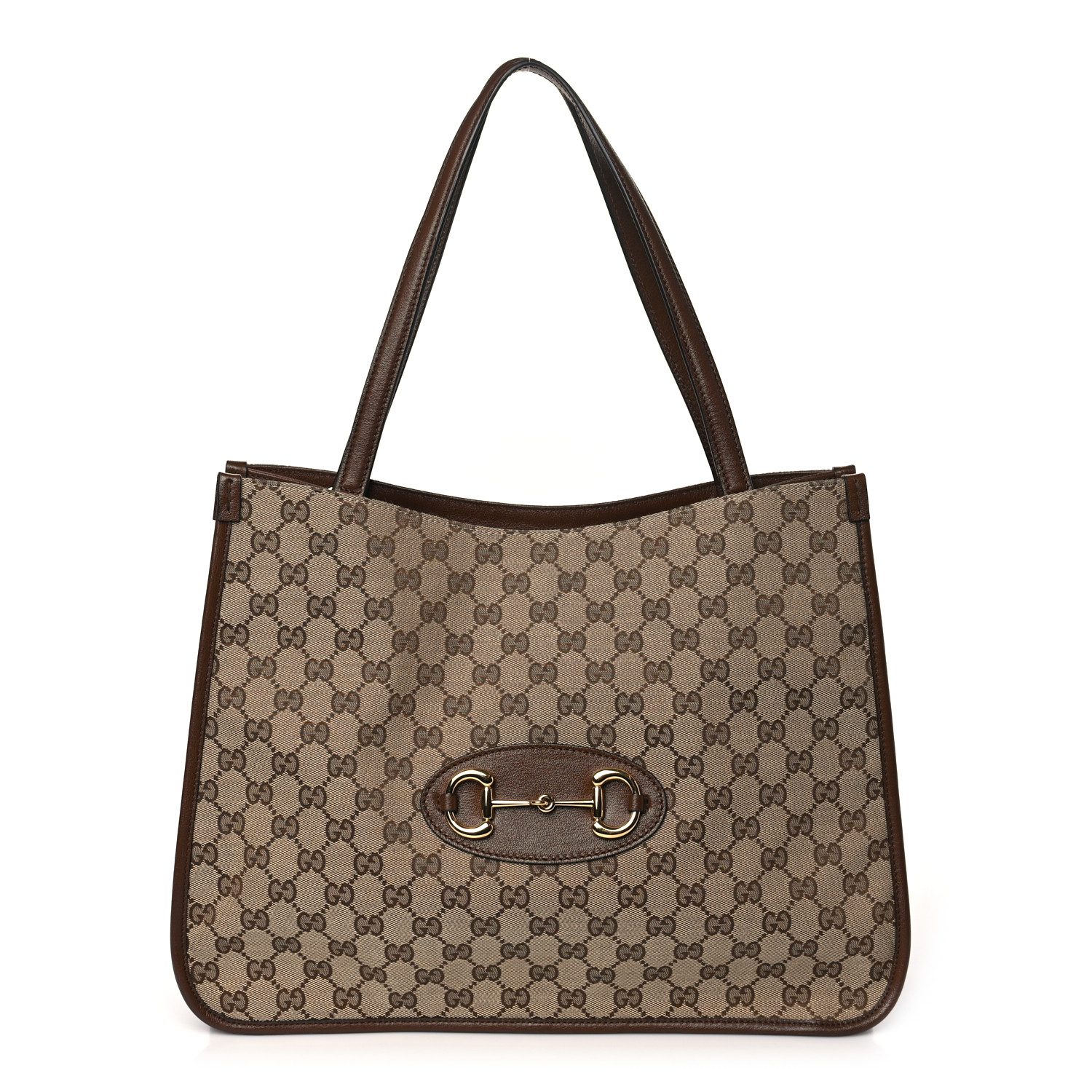 Gucci Beige Brown Sugar Monogram Canvas Horsebit 1955 Tote Bag Light Brass Hardware Front replica handbag