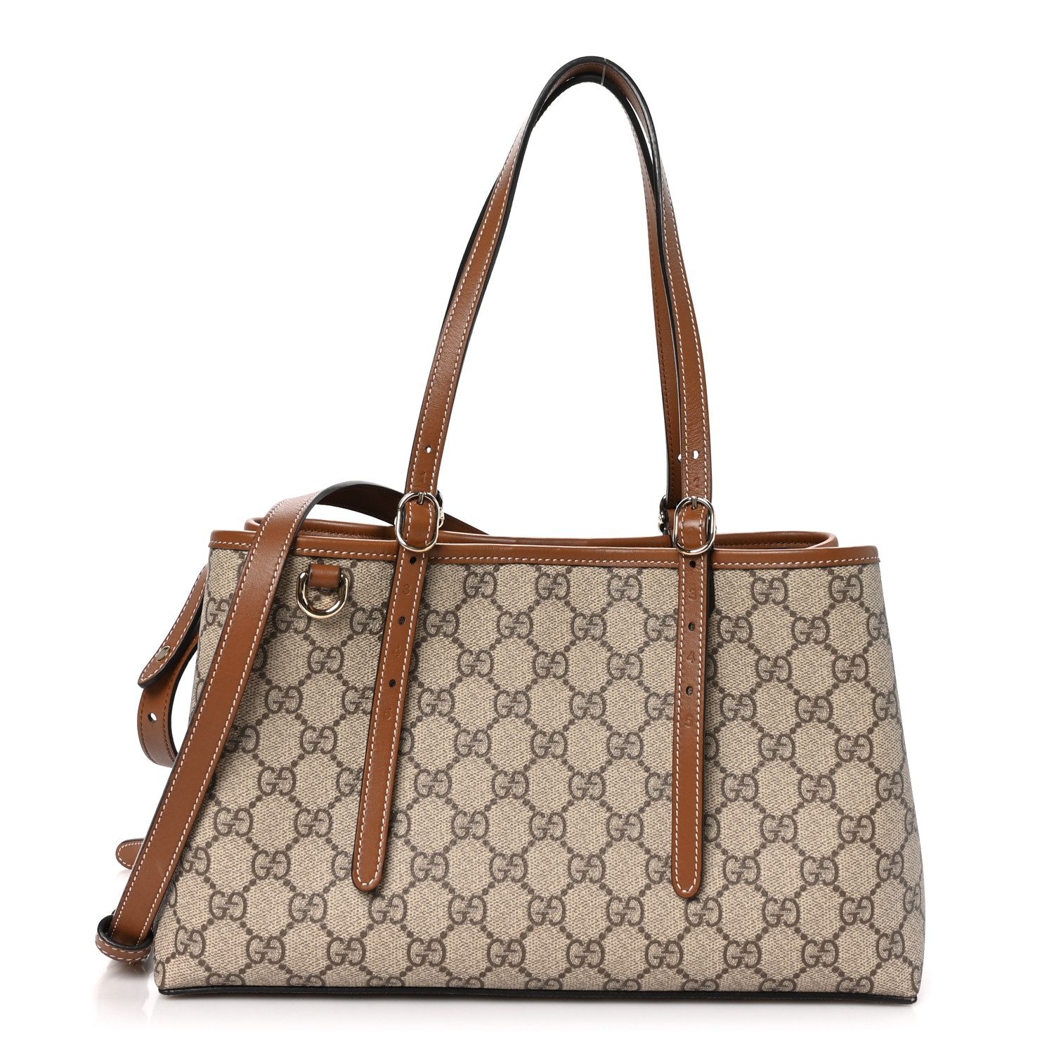 Gucci Beige Dark Brown GG Supreme Monogram Coated Canvas & Leather Small Emblem Tote Silver Hardware Front replica handbag