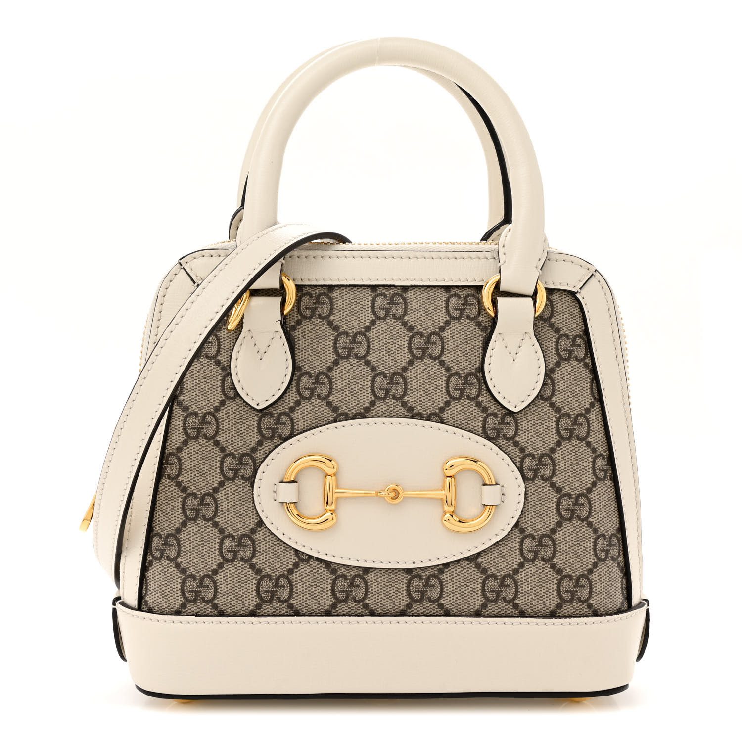 Gucci Beige Ebony Mystic White GG Supreme Monogram Canvas & Azalea Calfskin Leather Mini Horsebit 1955 Top Handle Bag Gold Hardware Front replica handbag