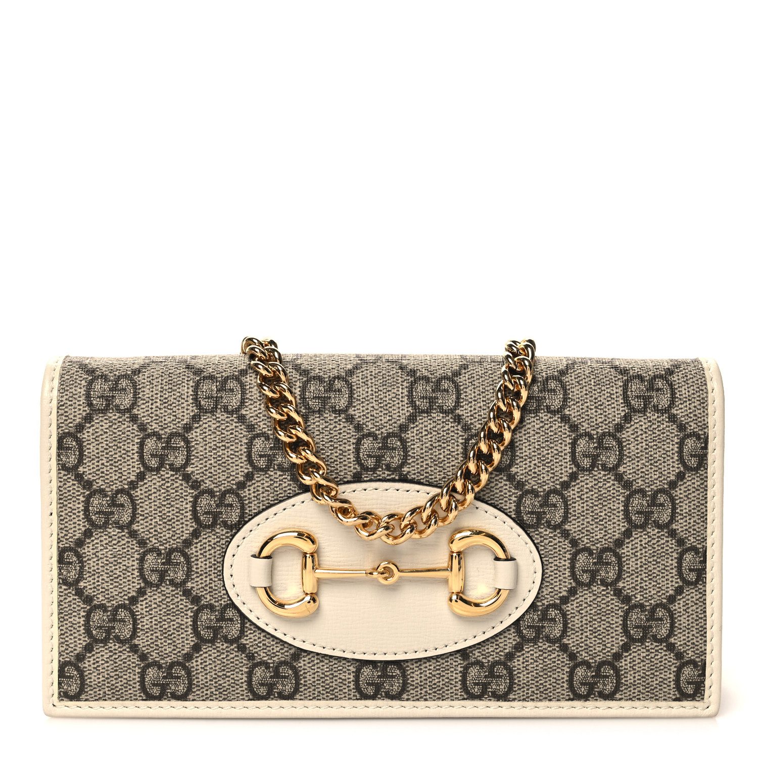 Gucci Beige Ebony Mystic White GG Supreme Monogram Canvas & Azalea Calfskin Leather Small Horsebit 1955 Wallet On Chain Gold Hardware Front replica handbag