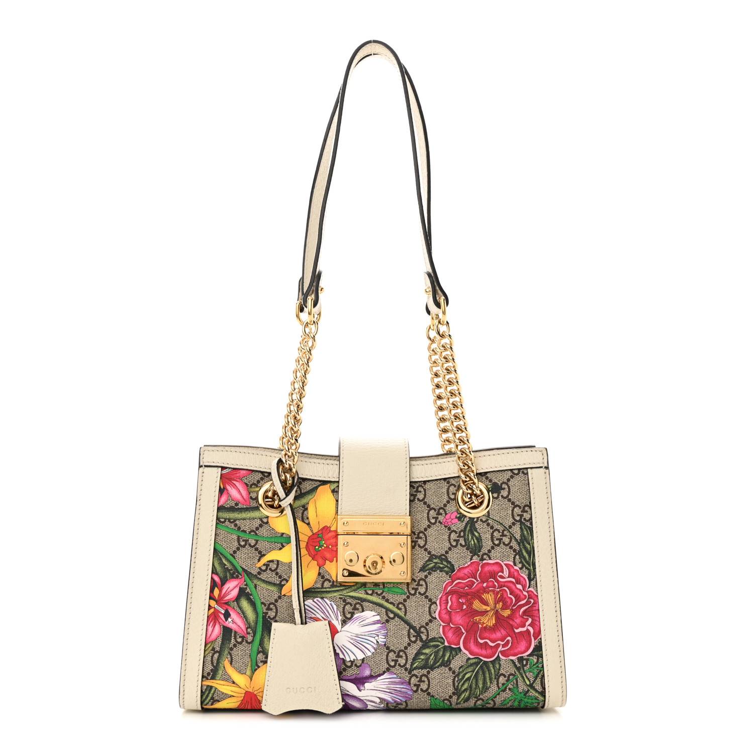 Gucci Beige Ebony Mystic White GG Supreme Monogram Canvas & Flora Textured Calfskin Leather Small Padlock Tote Aged Gold Hardware Front replica handbag