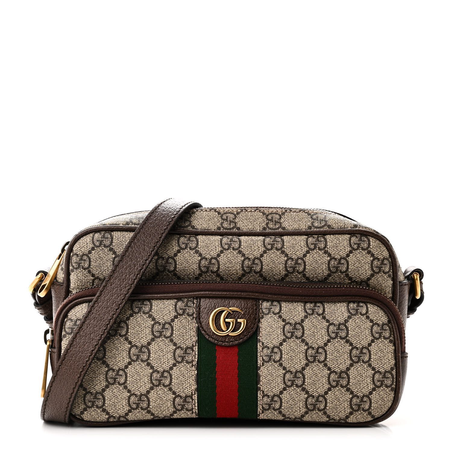 Gucci Beige Ebony New Acero GG Supreme Monogram Canvas & Calfskin Leather Small Web Ophidia Messenger Bag Gold Hardware Front replica handbag