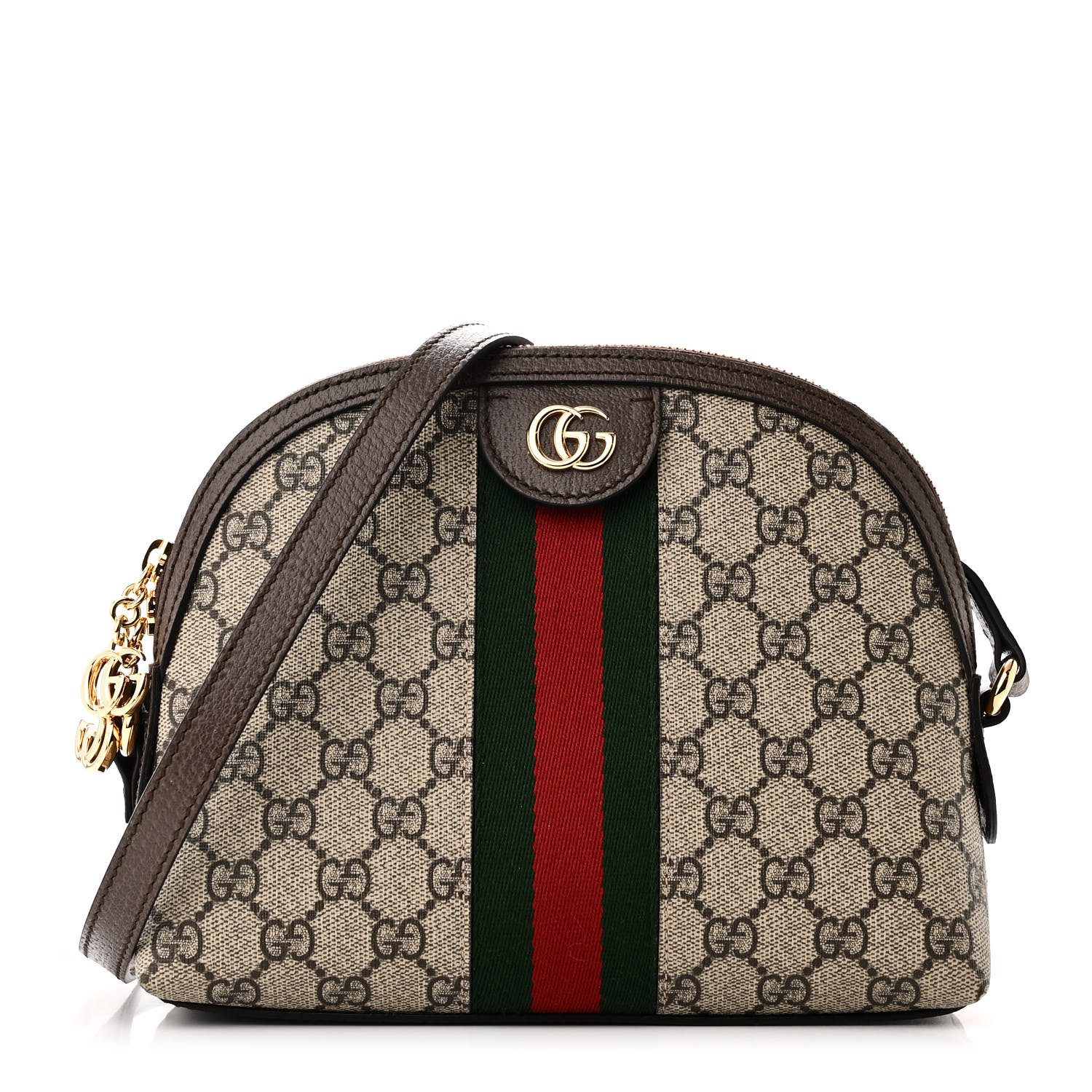 Gucci Beige Ebony New Acero GG Supreme Monogram Canvas & Textured Dollar Calfskin Leather Small Ophidia Dome Shoulder Bag Gold Hardware Front replica handbag