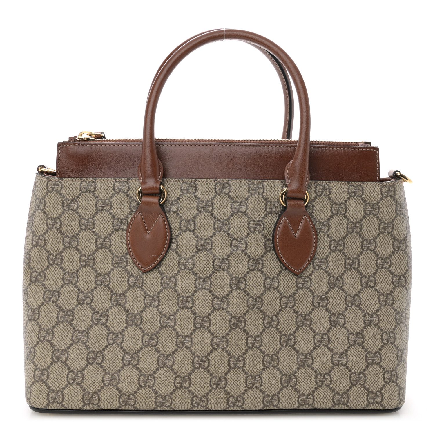 Gucci Beige GG Supreme Monogram Canvas Medium Zip Top Tote Gold Hardware Front replica handbag