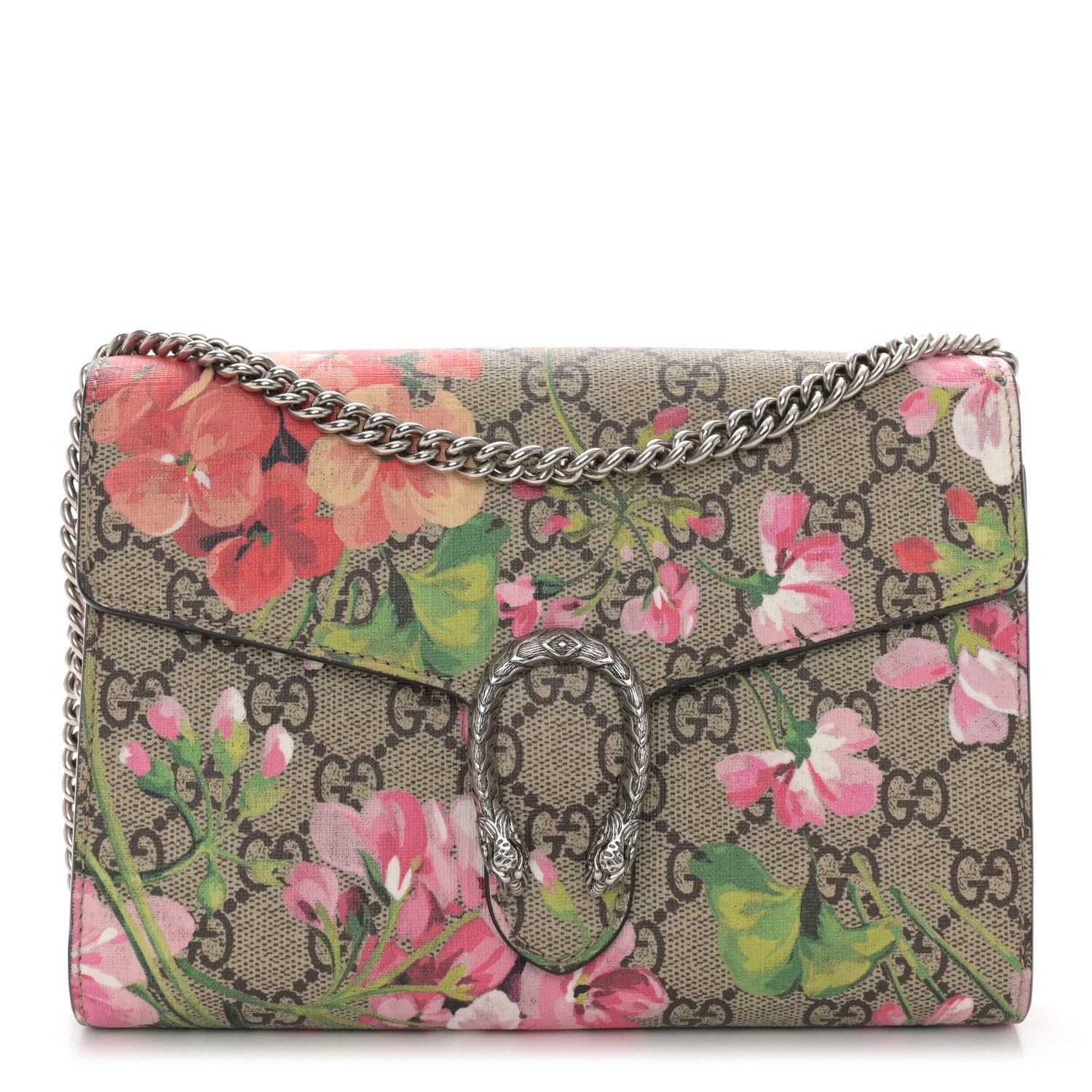 Gucci Beige Multicolor Blooms GG Supreme Monogram Canvas Mini Dionysus Chain Wallet Front replica handbag