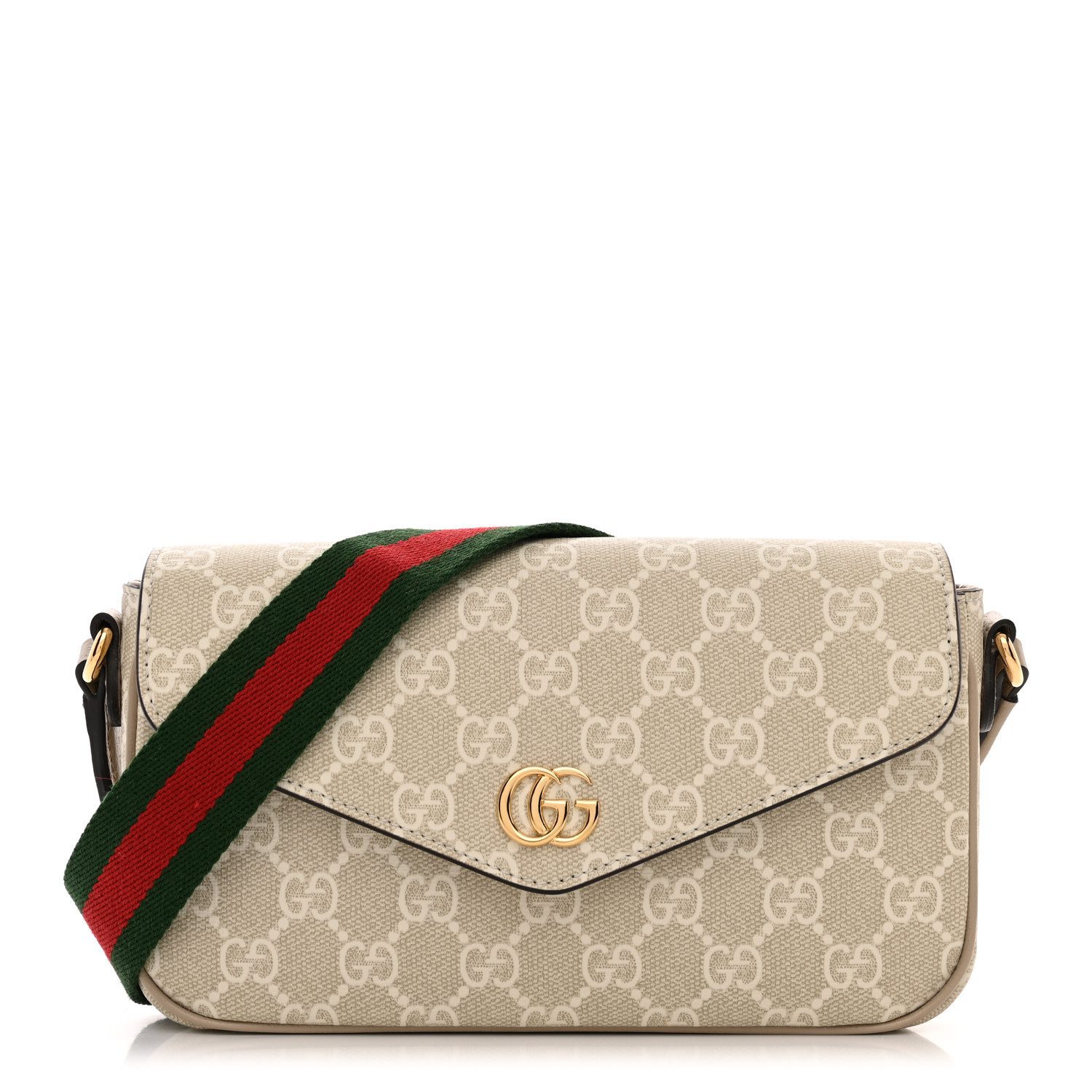 Gucci Beige Mystic White Oatmeal GG Supreme Monogram Canvas & Textured Dollar Calfskin Leather Mini Web Ophidia Envelope Shoulder Bag Gold Hardware Front replica handbag