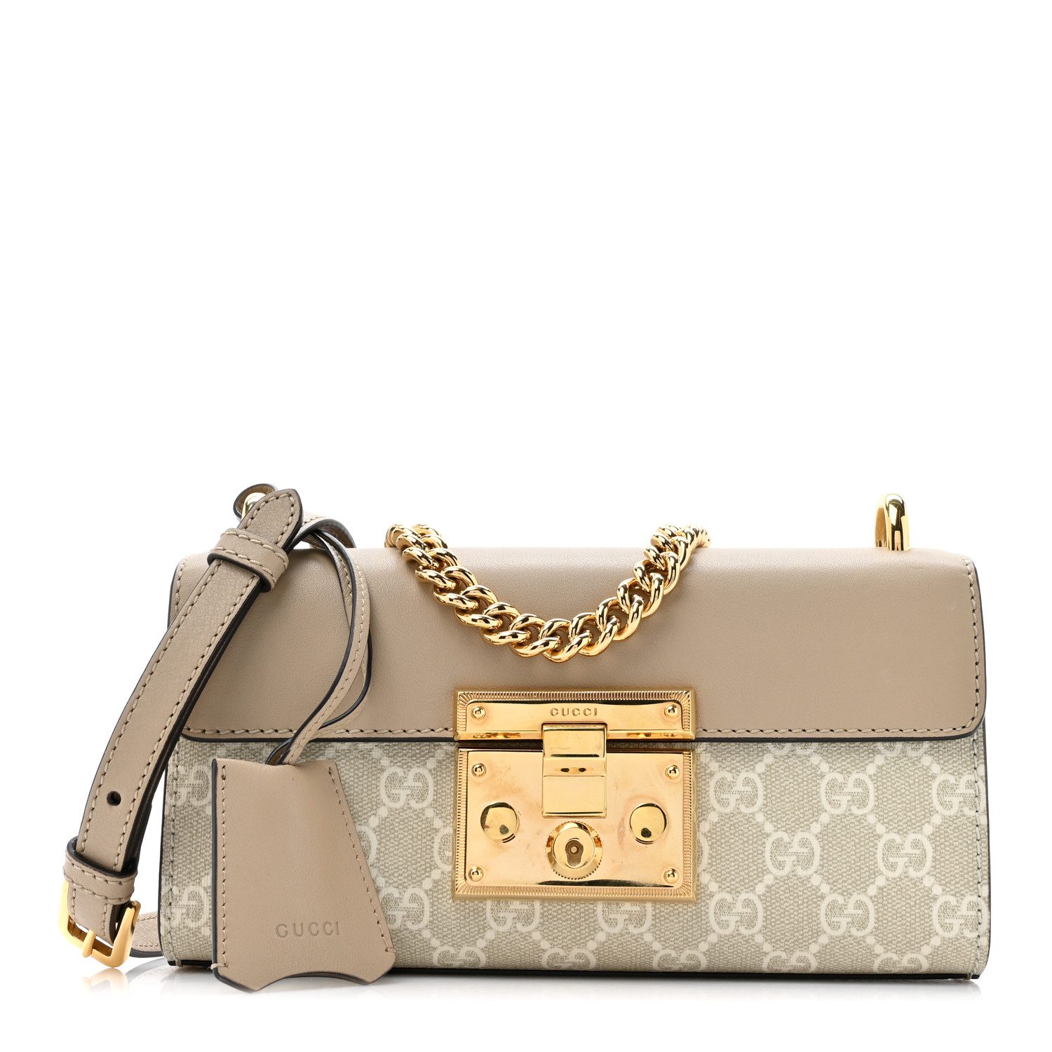 Gucci Beige Mystic White Oatmeal GG Supreme Monogram Canvas & Textured Dollar Calfskin Leather Small Padlock Chain Shoulder Bag with Gold Hardware Front replica handbag