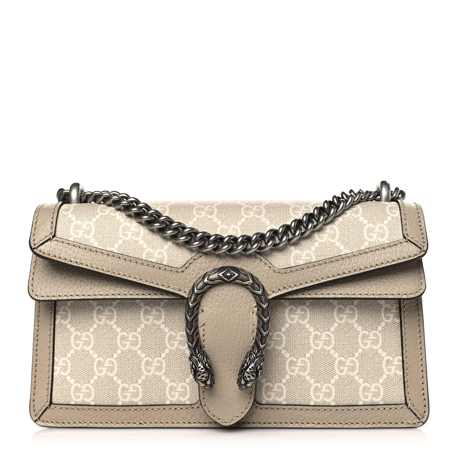 Gucci Beige Mystic White Oatmeal GG Supreme Monogram Canvas & Textured Dollar Calfskin Leather Small Rectangular Dionysus Shoulder Bag Aged Silver Hardware Front replica handbag