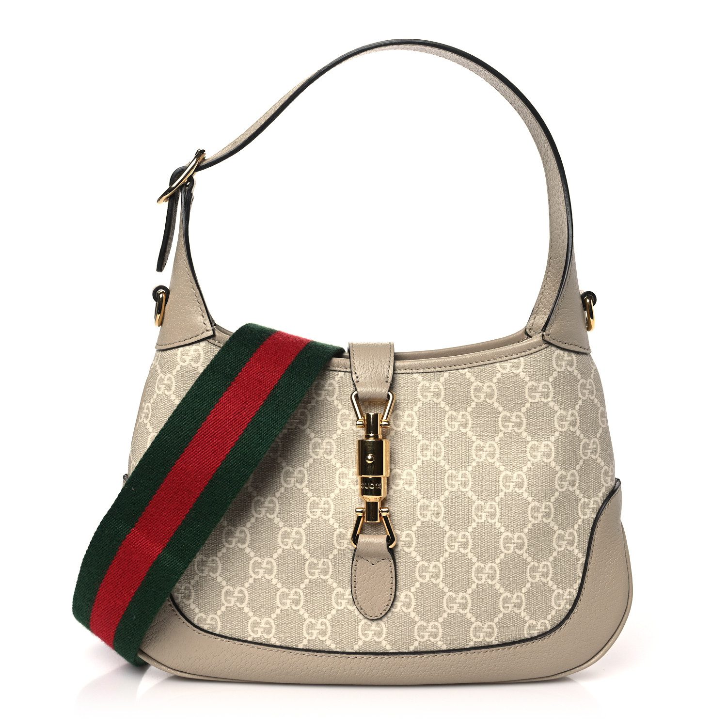 Gucci Beige Mystic White Oatmeal GG Supreme Monogram Canvas & Textured Dollar Calfskin Leather Small Web Jackie 1961 Hobo Gold Hardware Front replica handbag